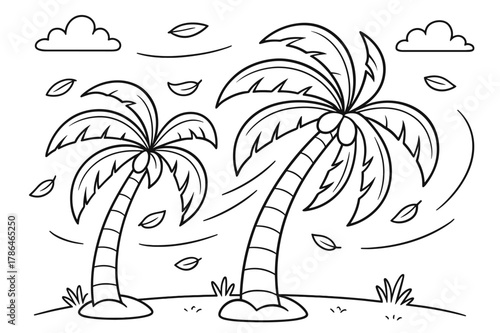 Windy Palm Coloring. Windy palm day children?s coloring book illustration, outlined drawing, palm trees bending gently in the breeze with curved motion lines