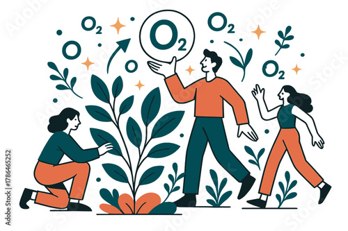 Photosynthesis in Motion. Oxygen. Plants producing oxygen via photosynthesis with abstract floating O2 molecules and sparkles; conveys ecology, sustainability,