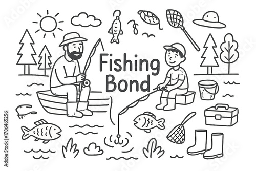 Fishing Bond Doodle. Fishing Bond. Hand-drawn doodle illustration of a father and child bonding while fishing