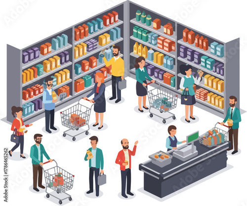 Isometric View of Busy Supermarket or Grocery Store with Shoppers and Checkout Line