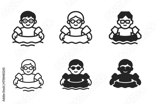 Inflatable Logo Variations. Floating on an inflatable. Set Logo of Floating on an inflatable: child floating with swim armbands and goggles. Icon