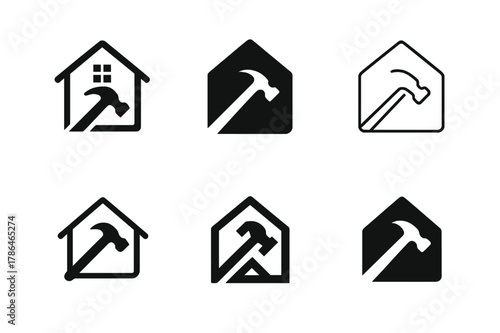 Home Renovation Logos. Home renovation and remodeling. Set Logo of Home renovation and remodeling: house silhouette with hammer crossing. Icon set. harmonious