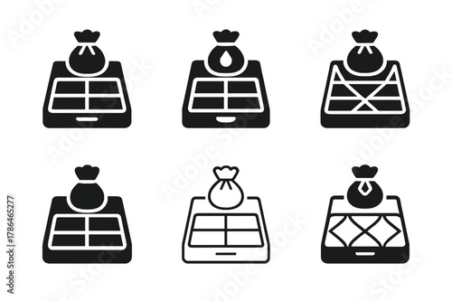 Jewelry Organizer Logos. Organizing jewelry in a drawer organizer. Icon set. Set Logo of Organizing jewelry in a drawer organizer: small jewelry pouch.