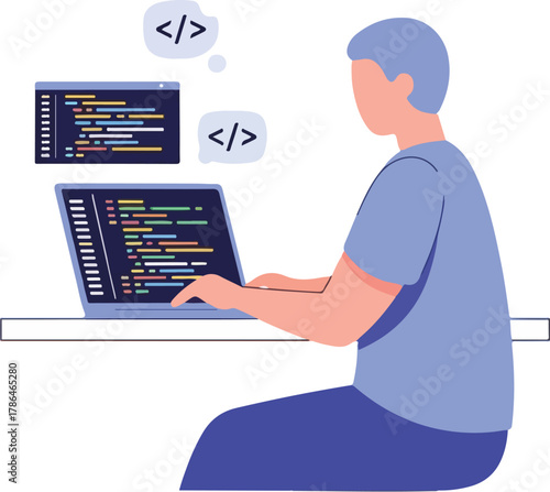 Programmer Working on Laptop with Code Snippets and Development Environment Illustration