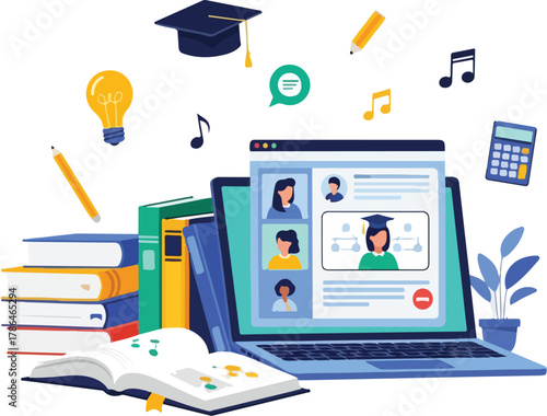 Online Education Concept Virtual Classroom with Laptop Books Graduation Cap and Learning Icons