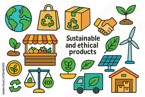 Sustainable Trade Icons. trade in sustainable and ethical products. Colorful Hand-drawn doodle Children illustration trade in sustainable and ethical products