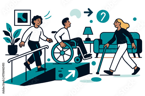 Accessible Modern Living. Inclusive home design. A modern living space with ramps, handrails, and assistive