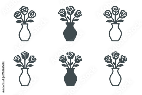 Elegant Vase Logos. tabletop flower vase. Set Logo of tabletop flower vase: elegant vase with bouquet of roses. Icon set. harmonious logo variations of the