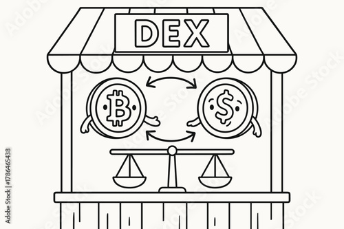 Coin Swap Coloring. Decentralized exchange (DEX) children?s coloring book illustration, outlined drawing, a friendly market stall with two coin characters