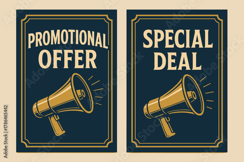 Navy Gold Promotion Banners. PROMOTION. Two vertical A6 banners with safe margins, centered composition, no elements touching edges, retro, navy and gold,