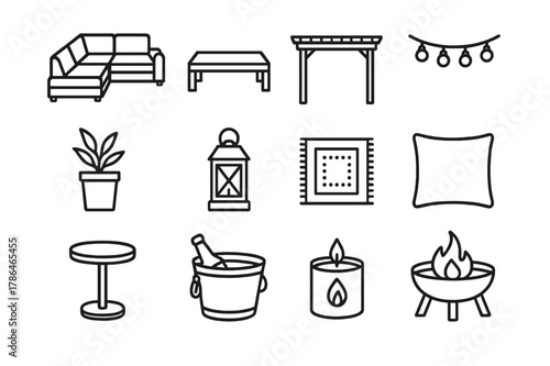 Outdoor Lounge Icons. Outdoor Lounge. Line icon set of Outdoor Lounge: sectional sofa, coffee table, pergola, string lights, potted plant, lantern, outdoor