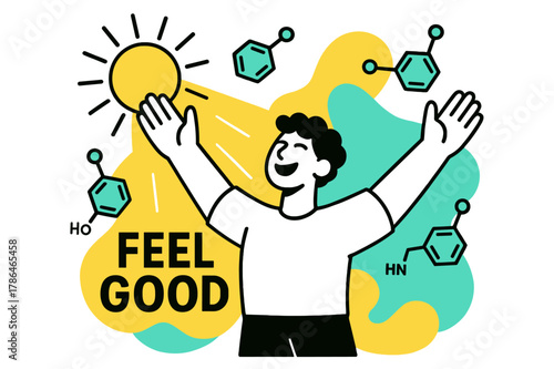 Sunlit Serotonin Uplift. Sunlight and Mood Boost. A figure lifts arms under bright rays; around them float serotonin molecule icons and the text ?Feel Good.?