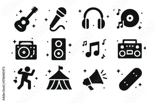Street Music Icons. Street Music Culture. Solid icons set of Street Music Culture: guitar, microphone, headphones, vinyl record, DJ turntable, speaker, music