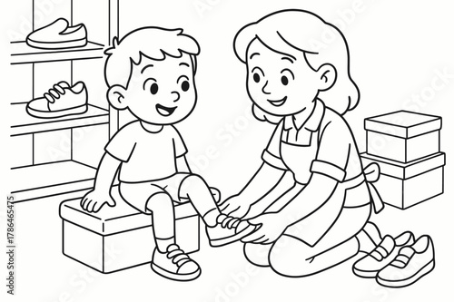 Kids Shoe Fitting. Shoe fitting children?s coloring book illustration, outlined drawing, child trying on shoes