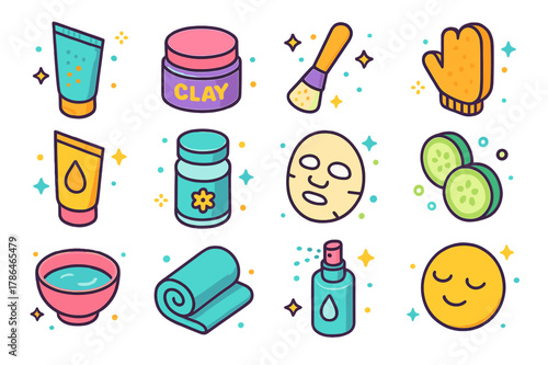 Colorful Skincare Icons. Exfoliation and masks. Colorful isometric vector icons set of Exfoliation and masks: face scrub tube, clay mask jar, brush applicator,