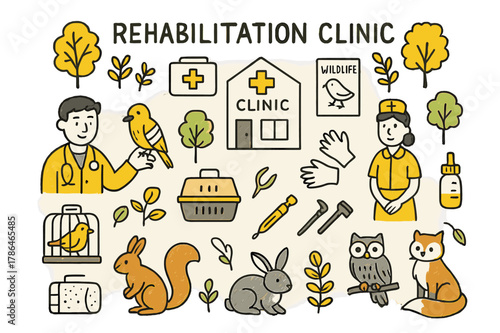 Wildlife Rehabilitation Clinic. Rehabilitation clinic. Hand-drawn doodle illustration veterinarian (colored), injured bird (colored), animal cage (colored),