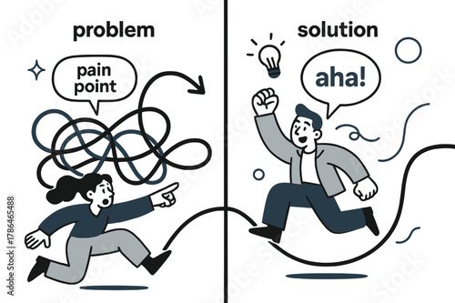 Innovative Solution Journey. Pitch Deck ? Problem & Solution. Split scene shows a tangled knot labeled ?pain point? and a smooth line labeled ?solution.? Text