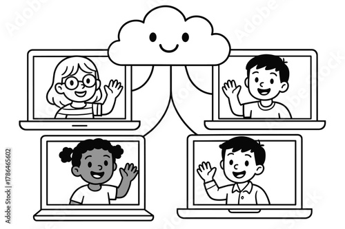 Virtual Classroom Coloring Fun. Virtual classroom children?s coloring book illustration, outlined drawing, students waving from different screens connected