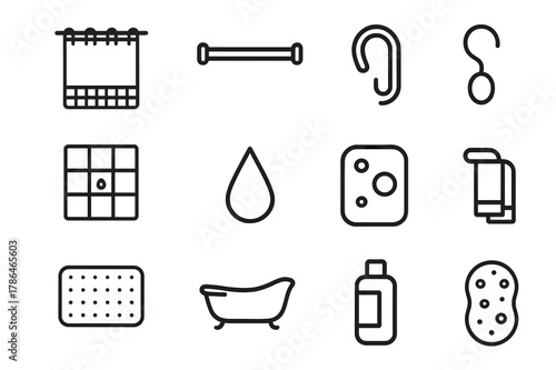 Shower Curtain Icons. Shower curtain ring. Line icon set of shower curtain ring: shower curtain, curtain rod, ring, hook, bathroom wall, water droplet, soap,