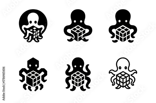 Animal Consciousness Logos. Exploring the consciousness of animals. Set Logo of exploring the consciousness of animals: octopus solving puzzle box. Icon set.