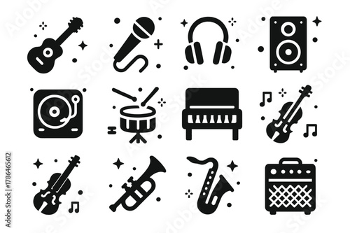 Music Icon Grid. Music and Audio Equipment. Solid icons set of Music and Audio Equipment: guitars, microphones, headphones, speakers, turntables, drums,