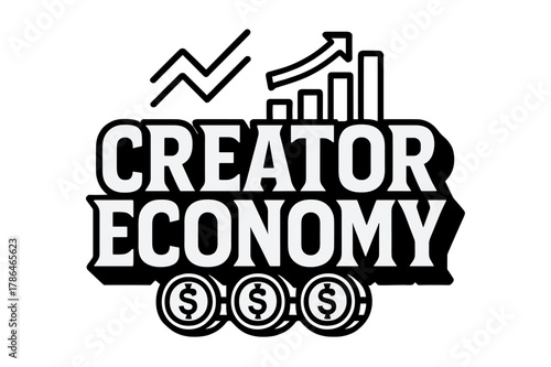 Geometric Lettering Badge. Creator Economy ? bold block geometric lettering; thick uppercase with geometric serifs, heavy outer outline, strong cast shadow;