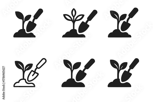 Sapling Logo Variations. Habitat restoration. Set Logo of Habitat restoration: sapling with trowel. harmonious logo variations of the same emblematic concept,