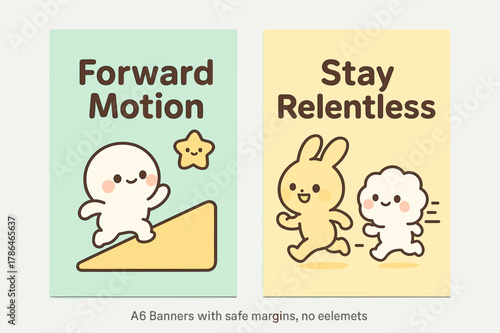 Kawaii Forward Motion Banners. Forward motion. Two vertical A6 banners with safe margins, centered composition, no elements touching edges, kawaii, pastel mint