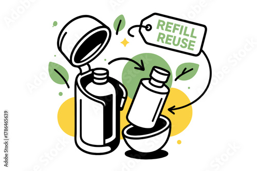 Eco Refill System. Eco Refillable Cartridge. A bottle opens like a tidy shell to reveal a click-in refill; leaf icons and a ?Refill ? Reuse? tag orbit. A
