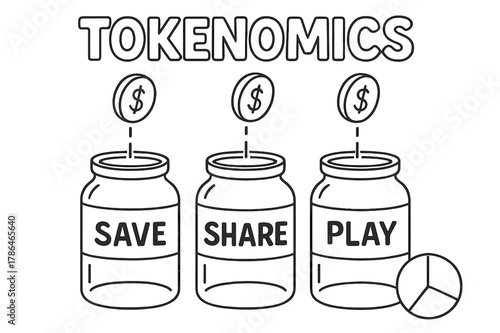 Tokenomics Coloring Fun. Tokenomics for kids children?s coloring book illustration, outlined drawing, three jars labeled ?Save,? ?Share,? and ?Play? with coin