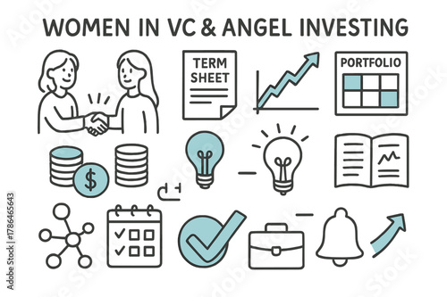 Women in Investing Doodle. // Women in VC & angel investing. Hand-drawn doodle illustration Women in VC & angel investing [deal handshake (accented), term