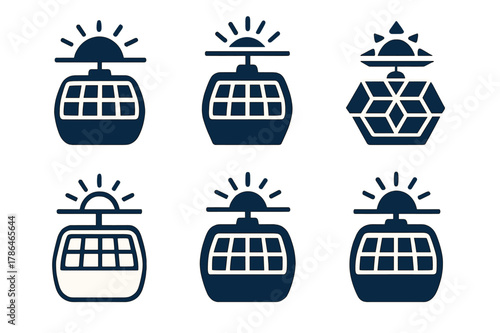 Solar Transport Logos. Solar-powered city transport vehicles. Icon set. Set Logo of Solar-powered city transport vehicles: cable car gondola with solar panels.