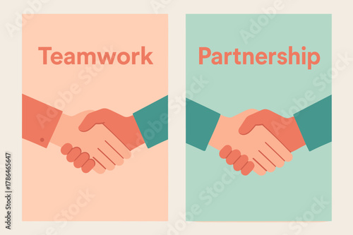Teamwork and Partnership Banners. Coworker. Two vertical A6 banners with safe margins, centered composition, no elements touching edges, pastel, coral and