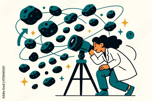 Asteroid Observation Art. Asteroid belt studies. Scientist observing asteroid belt through telescope with abstract floating asteroids, orbit lines, and