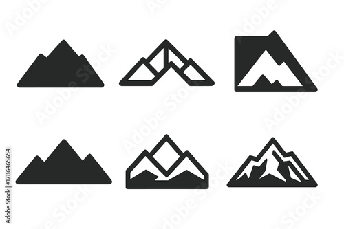 Abstract Mountain Logos. Eurasia. Set Logo of Mountain Range: Filled silhouette, Abstract geometric, Negative space, Flat solid, Symmetrical form, Stylized