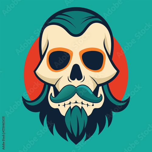 Stylized skull with beard and mustache on a red circle background
