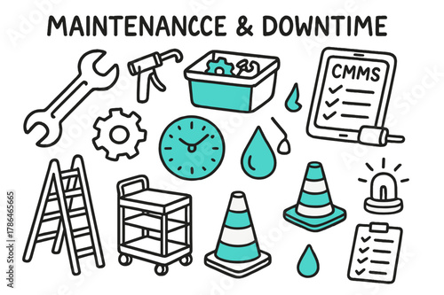 Maintenance Tools Doodle. // Maintenance & downtime. Hand-drawn doodle illustration Maintenance & downtime [wrench (accented), grease gun, spare parts bin