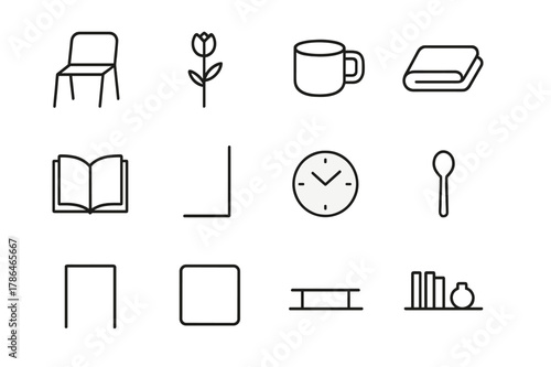 Minimalist Icon Collection. Minimalist Moments. Line icon set of Minimalist Moments: empty chair, single flower, ceramic cup, folded towel, open book, plain