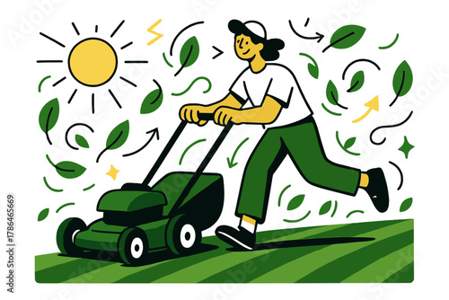 Dynamic Lawn Care Scene. Outdoor maintenance and yard care. Person mowing the lawn with neat geometric grass