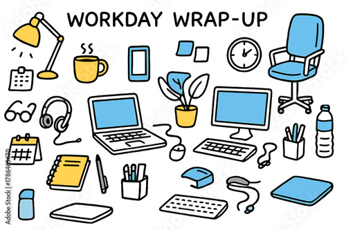 Colorful Workday Essentials. Workday wrap-up. Hand-drawn doodle illustration laptop (colored), computer screen (colored), smartphone (colored), coffee cup