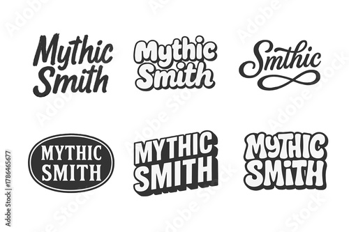 Mythic Smith Variations. Mythic Smith. Set lettering. harmonious lettering variations of the same emblematic concept (Grunge textured brush lettering, Rounded