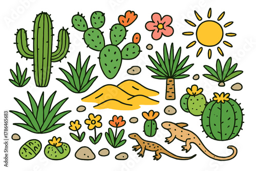 Colorful Desert Flora. Desert flora like cacti and succulents. Colorful Hand-drawn doodle Children illustration Desert flora like cacti and succulents saguaro