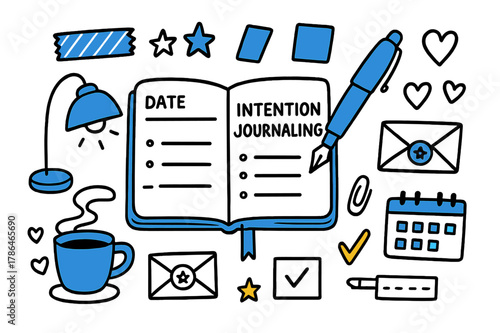 Intention Journaling Essentials. // Intention journaling. Hand-drawn doodle illustration intention journaling [open notebook (accented), fountain pen