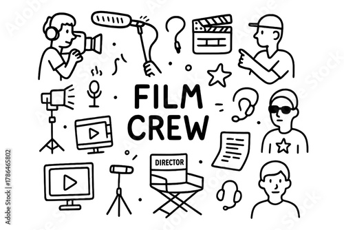 Film Crew Doodles. Film Crew. Hand-drawn doodle illustration of Film Crew. cameraman, sound technician,