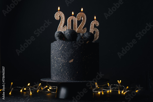 Beautiful festive cake with black velvet chocolate coating decorated with chocolate spheres and gold lit candles displaying 2026. New Year holiday black background with bokeh lights