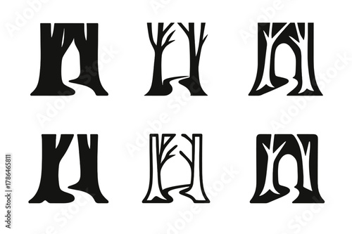 Tree Logo Variations. Forest shortcut. Set Logo of Forest shortcut: tree trunks forming opening. harmonious logo variations of the same emblematic concept,