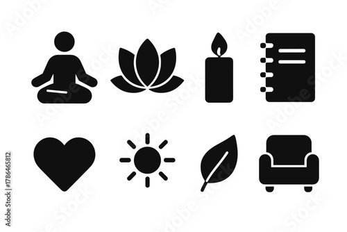 Mindfulness Therapy Icons. Mindfulness therapy. Filled icon set of mindfulness therapy: meditating person,