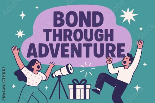Adventurous Bonding Banner. Bond through adventure banner, flat vector illustration, bold oversized text inside rounded blob, cartoon characters shouting and