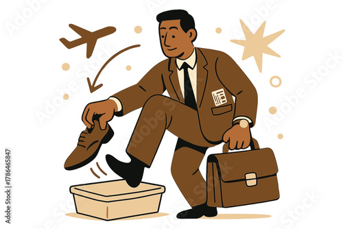 Airport Shoe Check. Business traveler scene. Professional calmly removing shoes and placing them in tray;