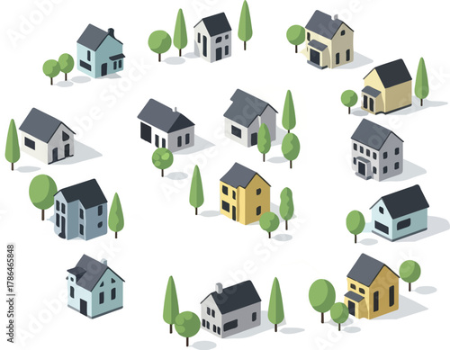 Isometric View of Diverse Suburban Housing Community Layout for Real Estate Development